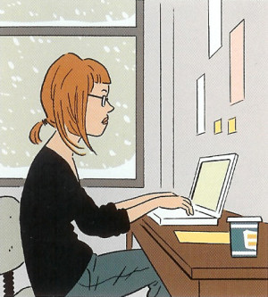 Woman typing at computer illustration