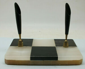 Art Deco double pen holder. (Base B&W check marble. Holders bakelite-brass.)